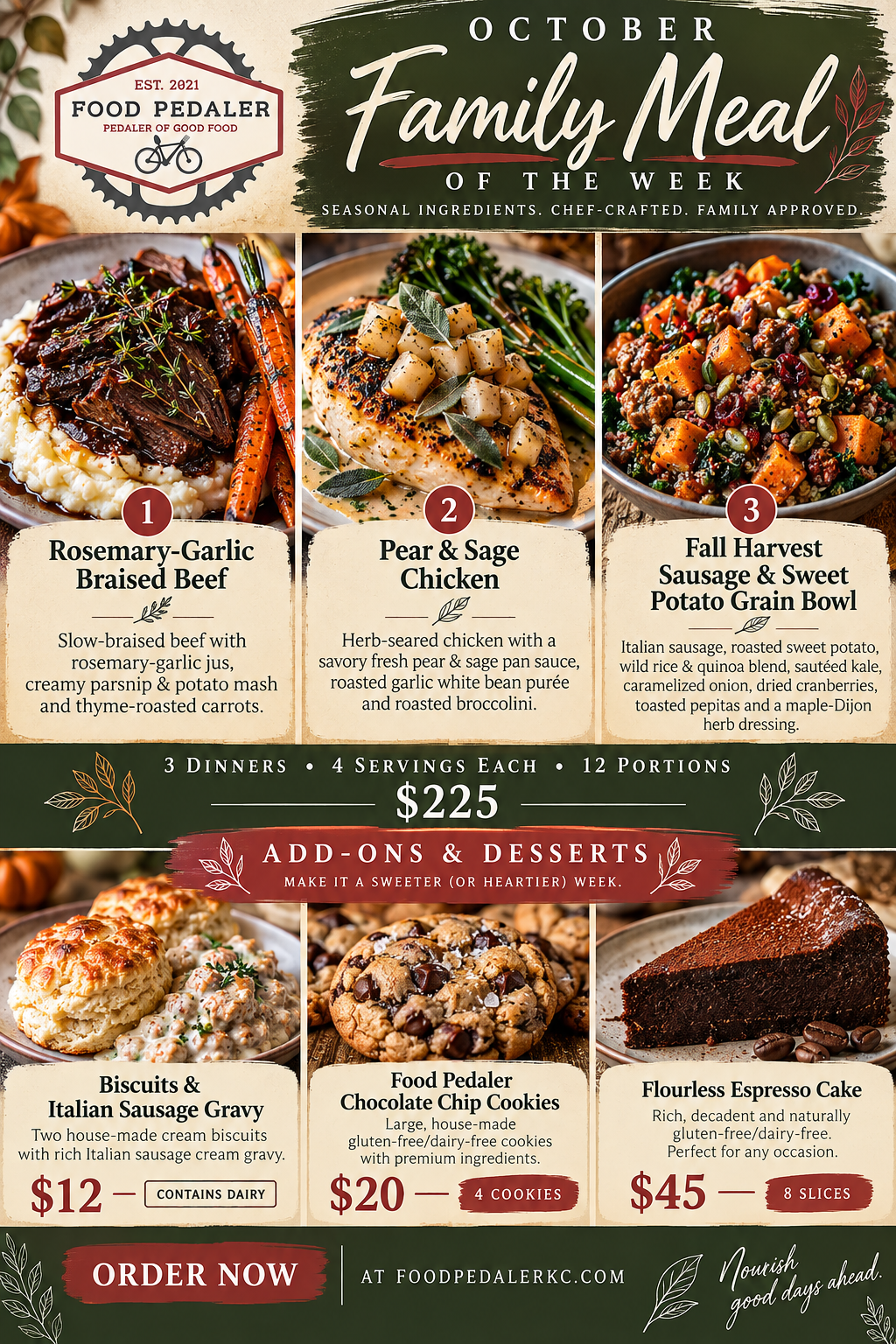 This week's featured meal prep menu — 3 dinners, 4 servings each
